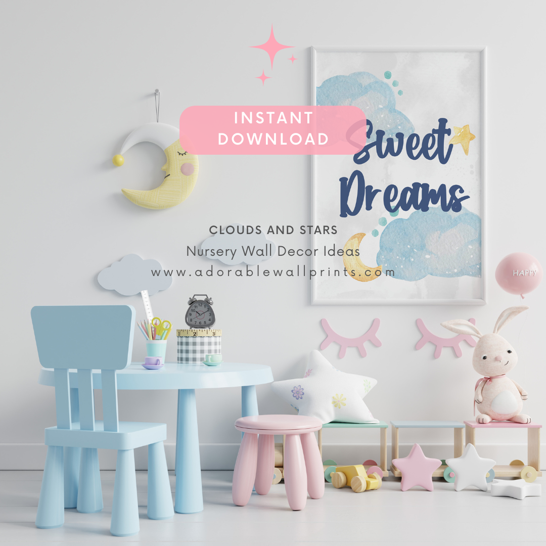 Sweet Dreams Baby Boy Nursery Wall Art Decor,Clouds & Stars Nursery Prints,Cute Bunny,Soothing Prints,Baby Shower Gift,Goodnight Quotes