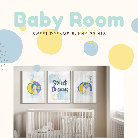 Sweet Dreams Baby Boy Nursery Wall Art Decor,Clouds & Stars Nursery Prints,Cute Bunny,Soothing Prints,Baby Shower Gift,Goodnight Quotes
