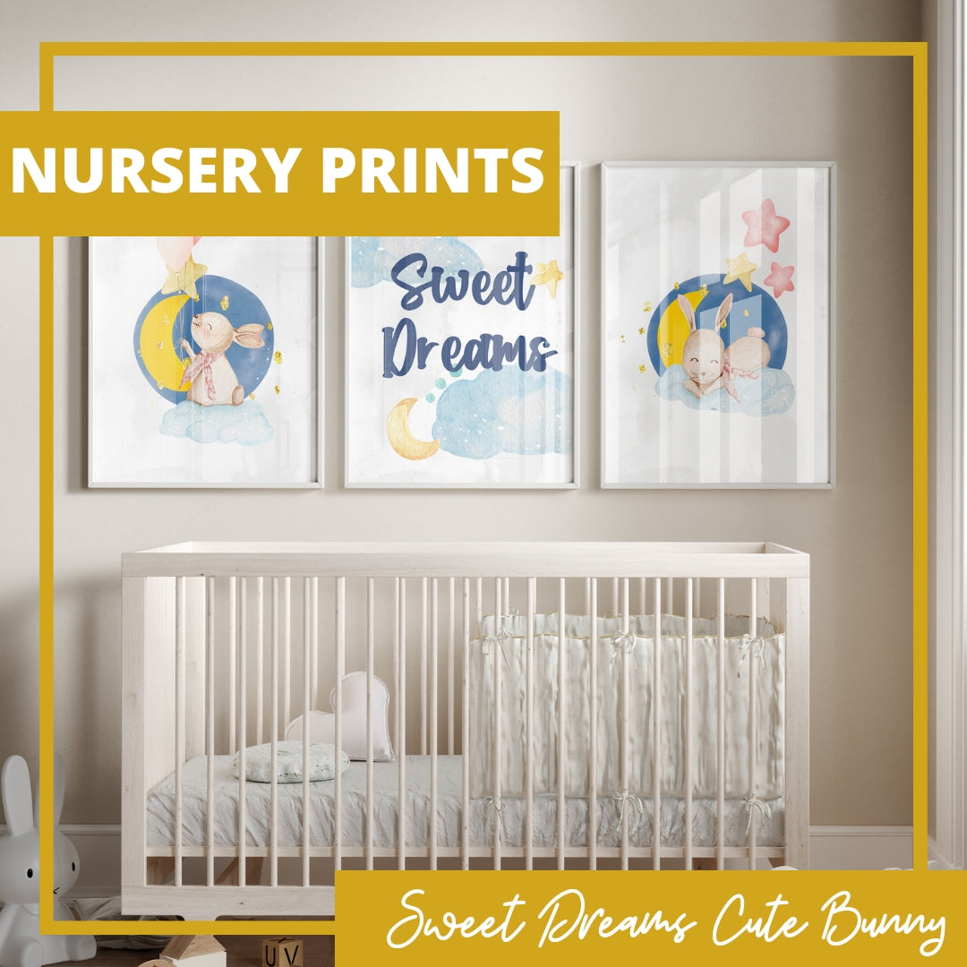 Sweet Dreams Baby Girl Nursery Wall Art Decor,Clouds & Stars Nursery Prints,Cute Bunny,Soothing Prints,Baby Shower Gift,Goodnight Quotes