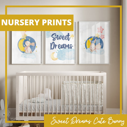Sweet Dreams Baby Girl Nursery Wall Art Decor,Clouds & Stars Nursery Prints,Cute Bunny,Soothing Prints,Baby Shower Gift,Goodnight Quotes