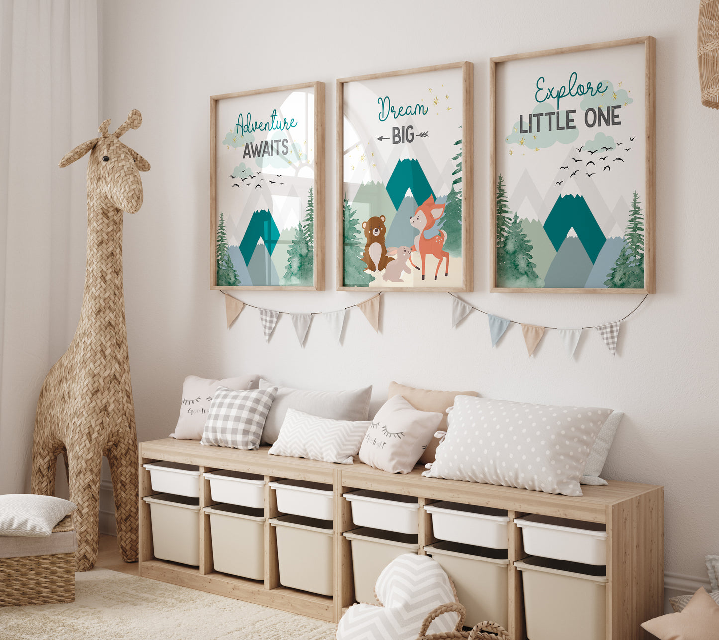 Forest Nursery Decor,Mountain Nursery Print,Adventure Awaits Sign,Forest Animals,Forest Print,Explore Little One,Dream Big Sign, Kids Room