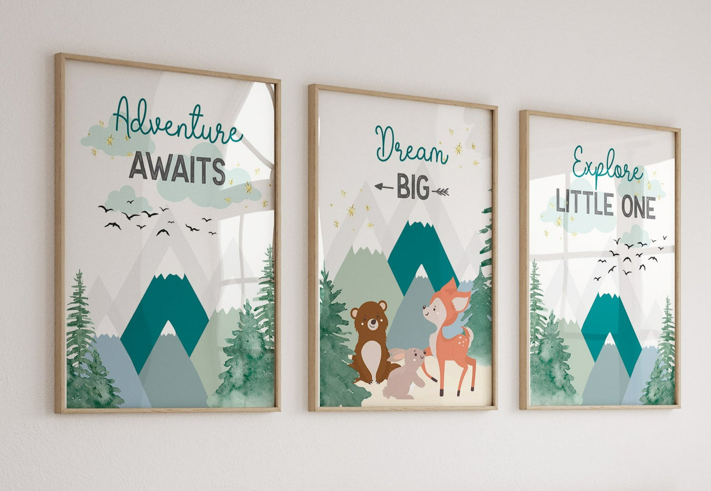 Forest Nursery Decor,Mountain Nursery Print,Adventure Awaits Sign,Forest Animals,Forest Print,Explore Little One,Dream Big Sign, Kids Room