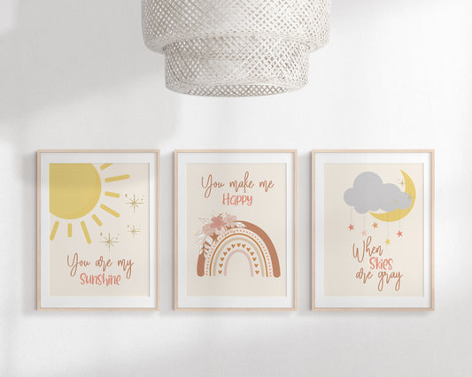 You are my sunshine wall art for nursery,Girls Nursery Boho Neutral Decor, Neutral Rainbow Set,Ray of sunshine, Boho Nursery Sunshine Prints