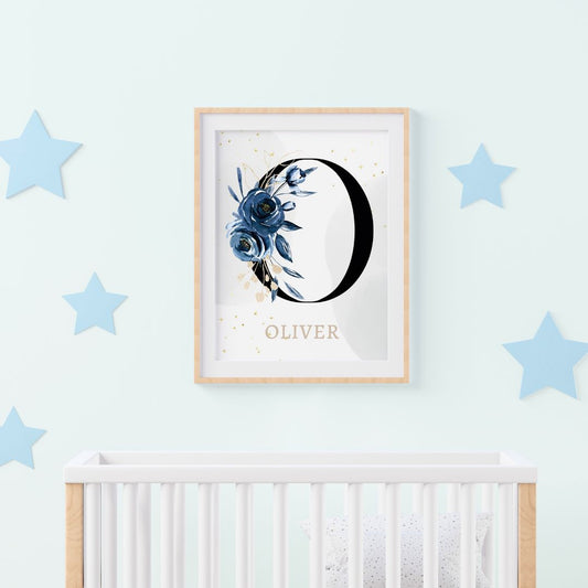 Personalized Baby Name,Custom Printable Monogram wall decor,Inital Wall Art,baby room wall decor,blue floral print,letter monogram with name