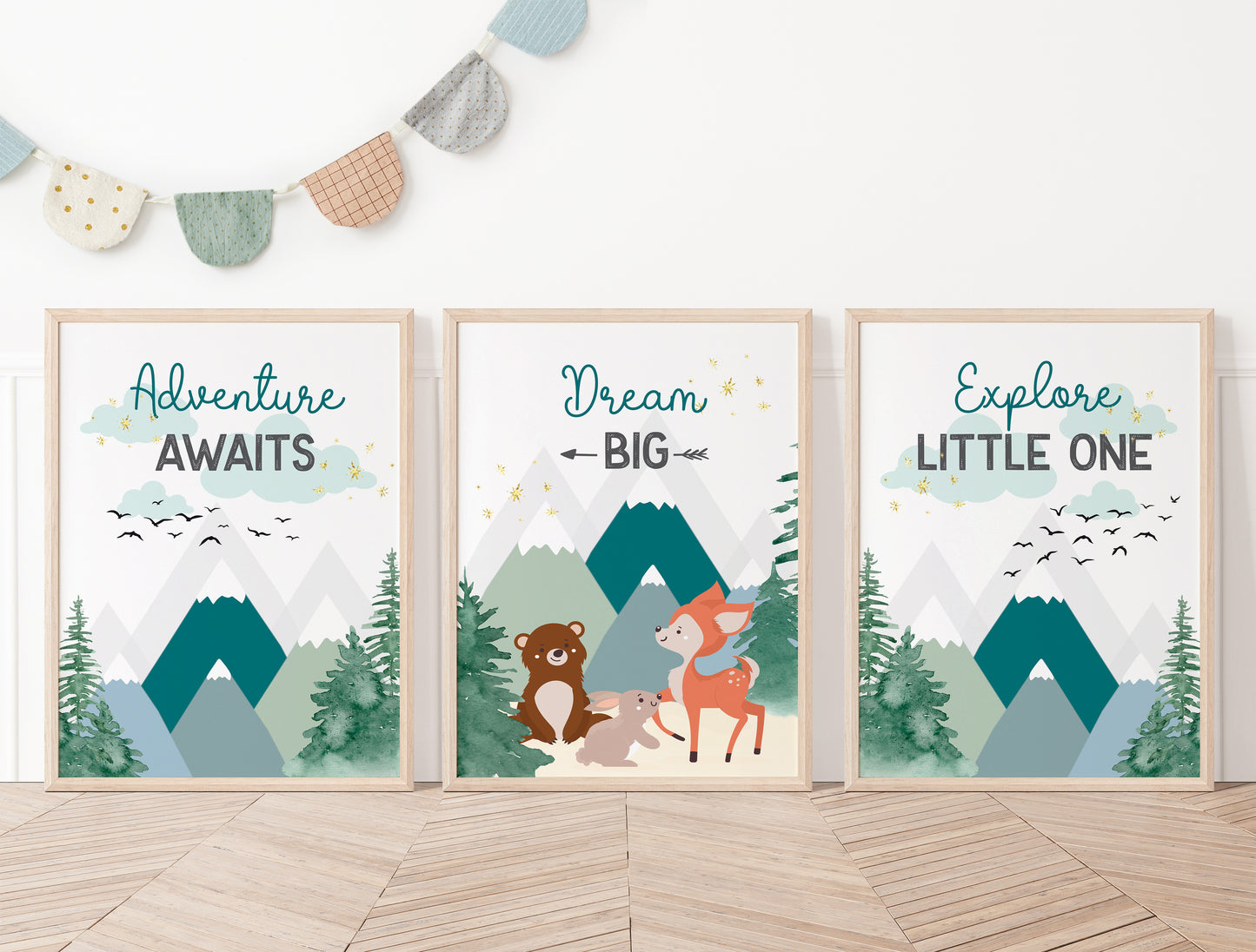 Forest Nursery Decor,Mountain Nursery Print,Adventure Awaits Sign,Forest Animals,Forest Print,Explore Little One,Dream Big Sign, Kids Room